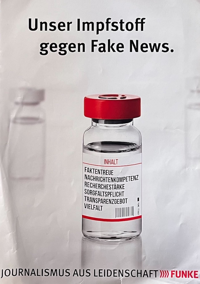 Werbemotiv der Funke-Mediengruppe: "Unser Impfstoff gegen Fakenews".