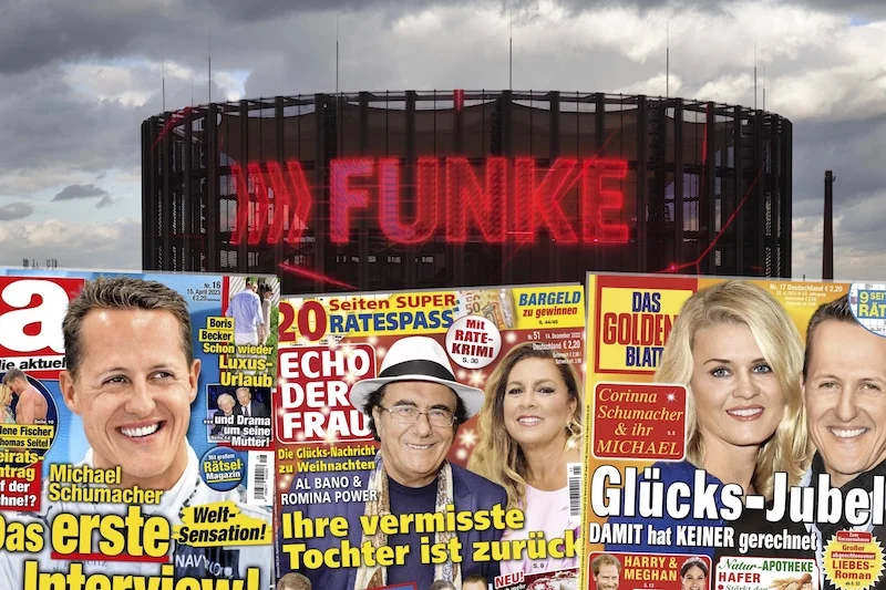 Funke-Zentrale in Essen und drei Klatschblätter des Verlags: "Die Aktuelle", "Echo der Frau" und "Das Goldene Blatt"