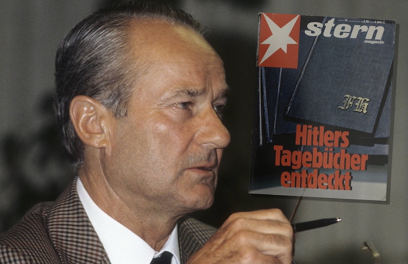 Bertelsmann-Eigentümer Reinhard Mohn und das "Stern"-Cover "Hitlers Tagebücher entdeckt" von 1983. (Montage)