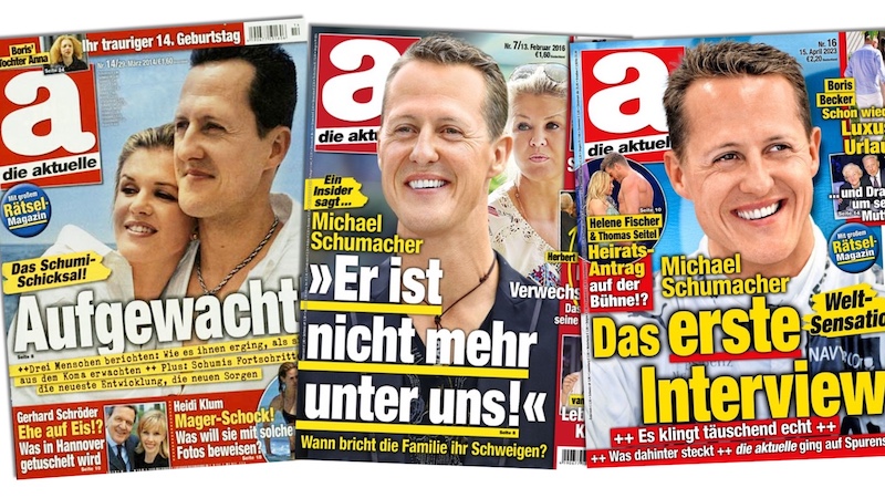 Titelseiten der zeitschrift "Die Aktuelle" über Michael Schumacher aus verschiedenen Jahren.