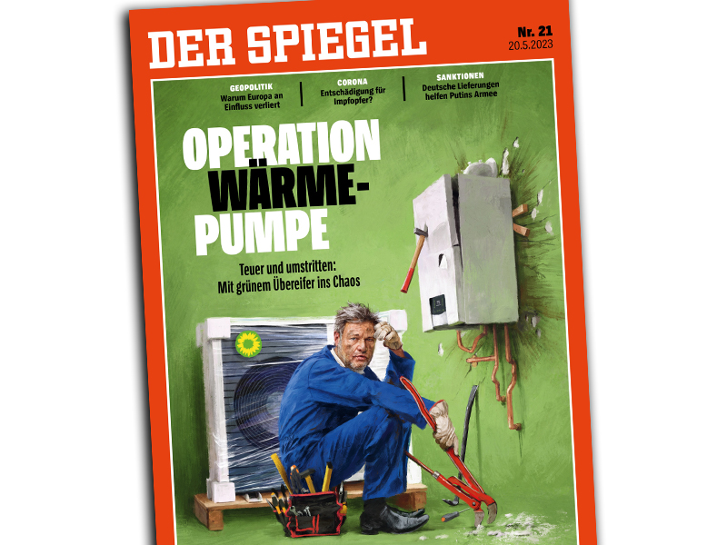 „Spiegel“-Titel mit Robert Habeck-Karikatur und der Überschrift "Operation Wärmepumpe"