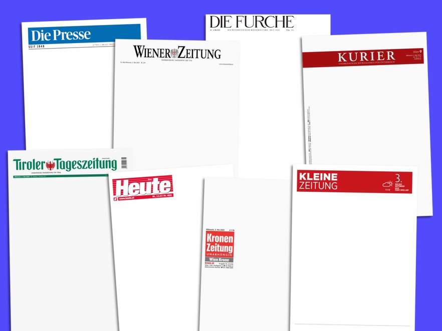 Leere Titelseiten von "Presse", "Kurier", "Kronen Zeitung", "Die Presse" u.a.