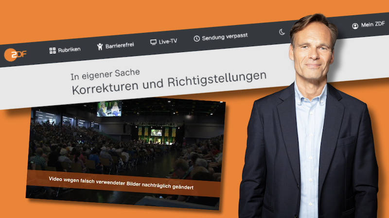 Wulf Schmiese vom ZDF neben dem Schriftzug: "In eigener Sache: Korrekturen und Richtigstellungen" und einem Sendungs-Screenshot mit dem Banner: "Video wegen falsch verwendeter Bilder nachträglich geändert".