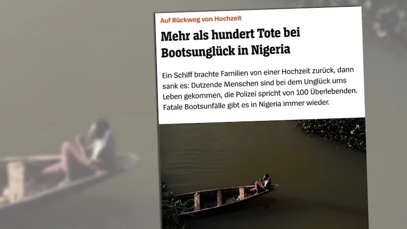 Screenshot einer Meldung von Spiegel.de über ein großes Boots-Unglück in Nigeria, bebildert mit dem "Symbolfoto" eines afrikanischen Mannes in einem kleinen Boot.