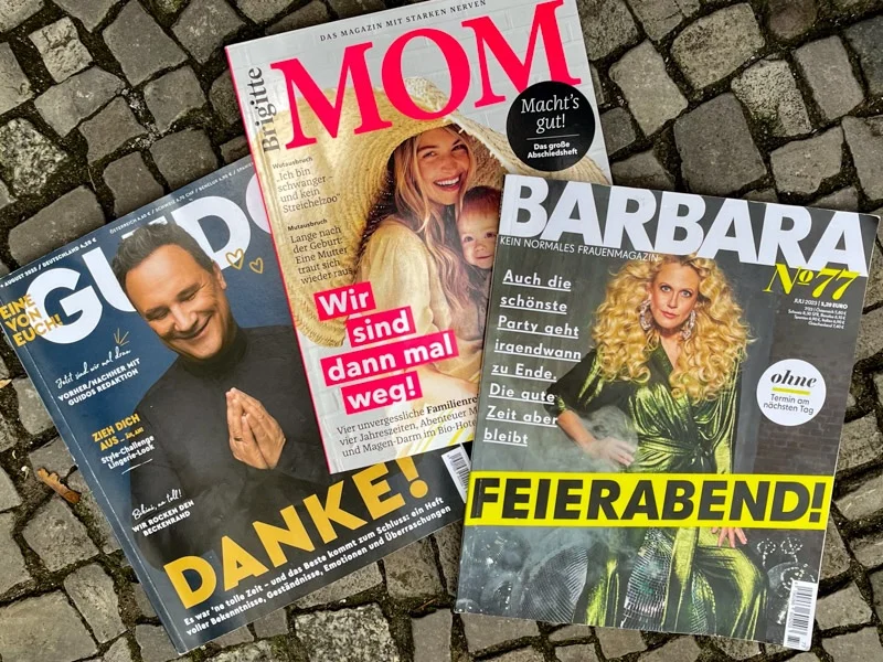 Titelbilder von Guido, Brigitte Mom, Barbara: "Danke!", "Wir sind dann mal weg!", "Feierabend!"