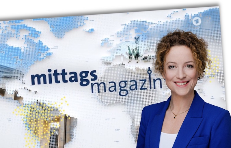 Logo des ARD-"Mittagsmagazins" und MDR-Chefredakteurin Julia Krittian