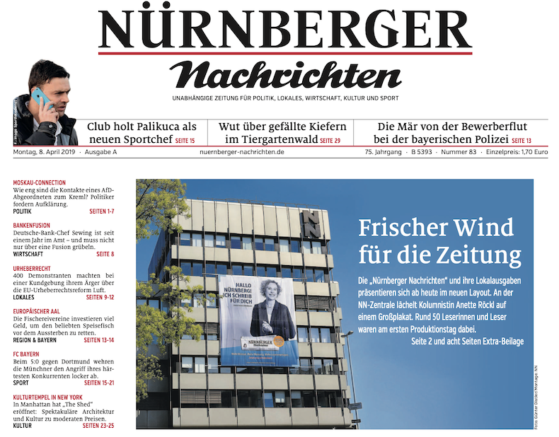 Titelseite der "Nürnberger Nachrichten" am 8. April 2019