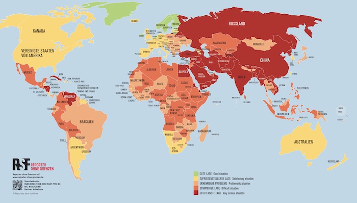 Weltkarte der Pressefreiheit von "Reporter ohne Grenzen"