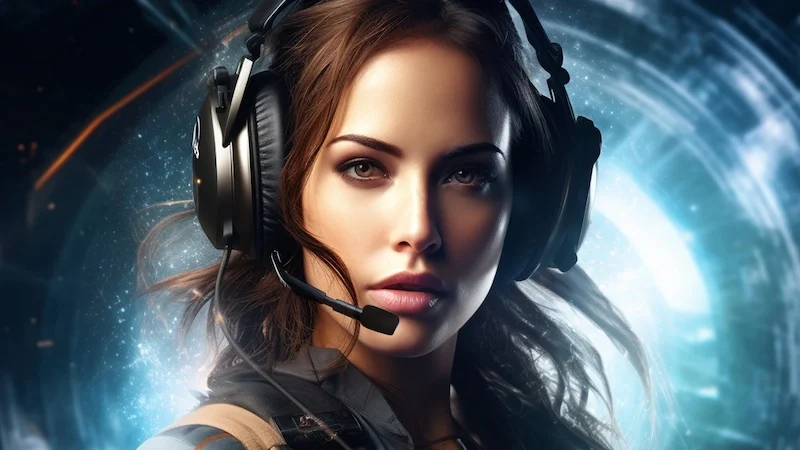KI-Bild der bigGPT-Moderatorin Layla: dunkles Haar, Headset, entschlossener Blick