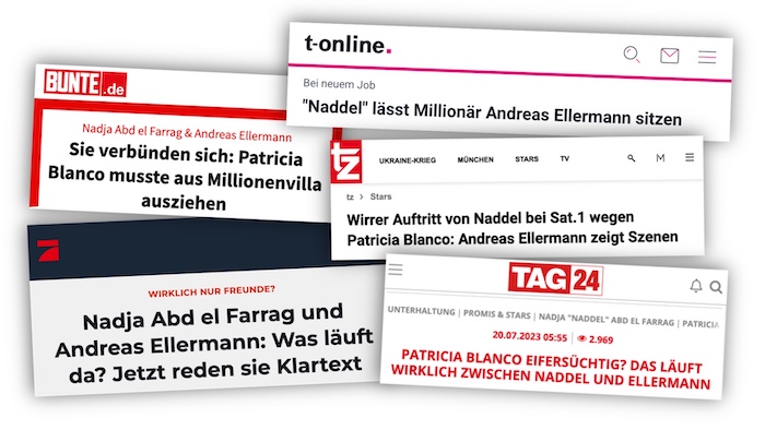 Verschiedene Schlagzeilen über Andreas Ellermann, Patricia Blanco und Nadja Abd el Farrag.