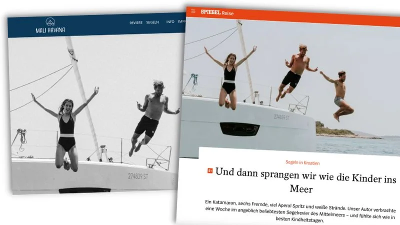 Links: Foto auf der Website des Unternehmens "Mali Havana". Rechts: dasselbe Foto zur "Spiegel"-Reportage über einen Segeltörn in Kroatien.