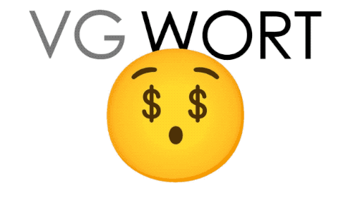 VG Wort-Logo mit Emoji davor, dass von Dollarzeichen in den Augen und fröhlich in ernüchtert und traurig wechselt