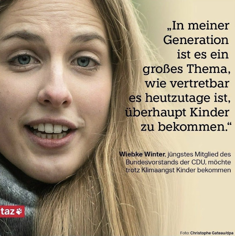 Zitatkachel der taz mit CDU-Politikerin Wiebke Winter: 'In meiner Generation ist es ein großes Thema, wie vertretbar es heutzutage ist, überhaupt Kinder zu bekommen.'