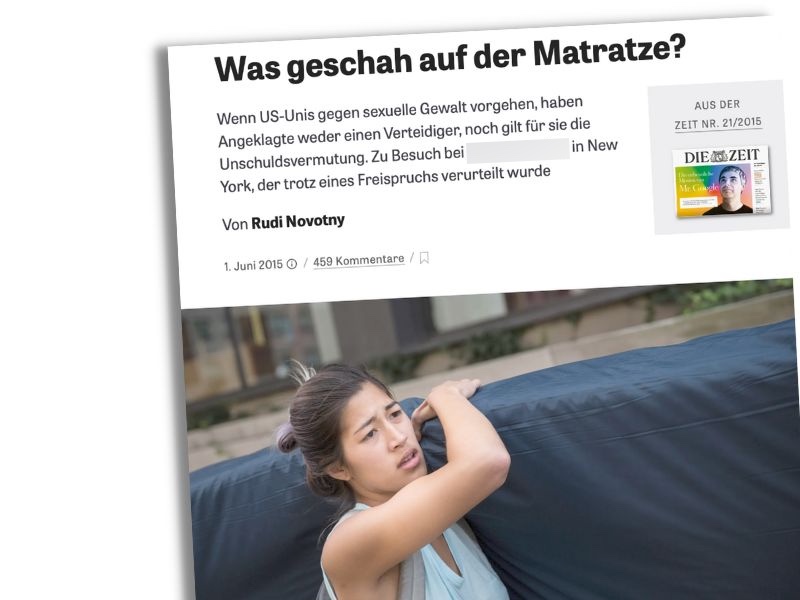 Screenshot eine Artikels auf zeit.de mit der Überschrift: "Was geschah auf der Matratze?"