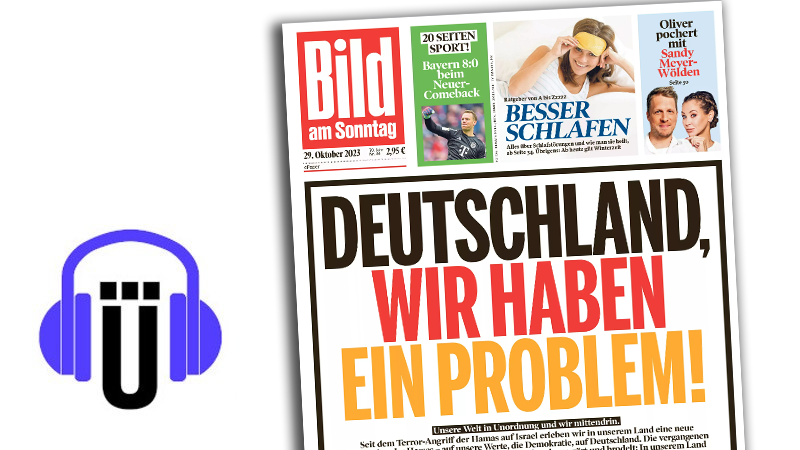 Podcast-Logo (Kopfhörer auf dem Übermedien-Ü) und Titelseite der Bild am Sonntag mit Schlagzeile in Schwarz-Rot-Gold: "Deutschland, wir haben ein Problem!"