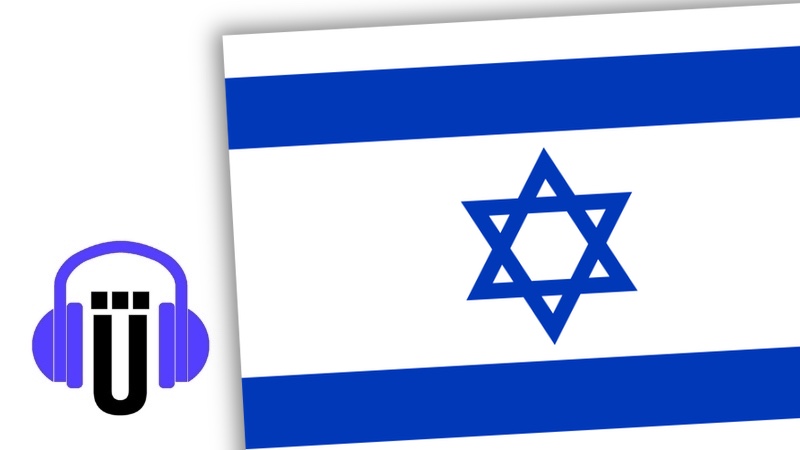 Podcast-Logo (Kopfhörer auf dem Übermedien-Ü) und die Flagge Israels