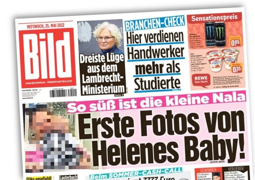 "Bild"-Titelseite vom 25.5.2022 mit der Schlagzeile: So süß ist die kleine Nala – Erste Fotos von Helenes Baby!"