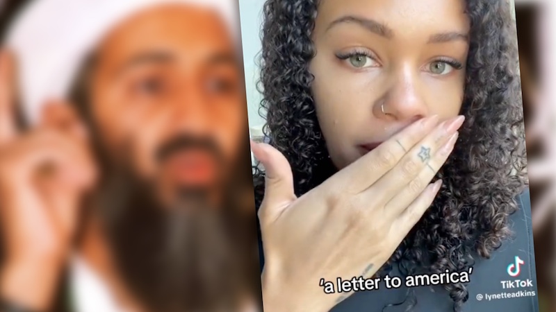 Unscharfes Fotio von Osama bin Laden und ein Screenshot eines Tiktok-Videos, auf dem eine junge Frau zu sehen st, die sich die hand vor den mund hält.