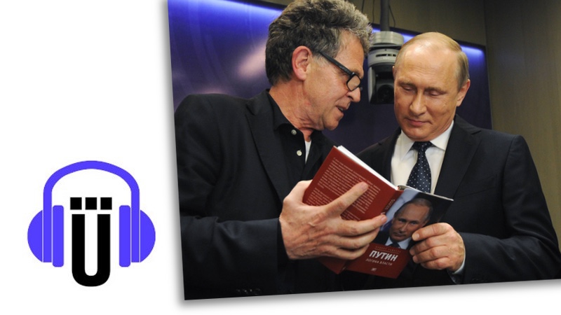 Logo des Übermedien-Podcasts und ein Foto von Hubert Seipel und Wladimir Putin, die gemeinsam in Seipels Buch, eine Putin-Biografie, schauen.