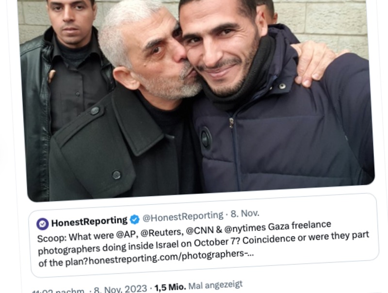 „Honest Reporting“ zeigt Selfie von Fotograf Hassan Eslaiah mit Hamas-Führer Yahya Sinwar