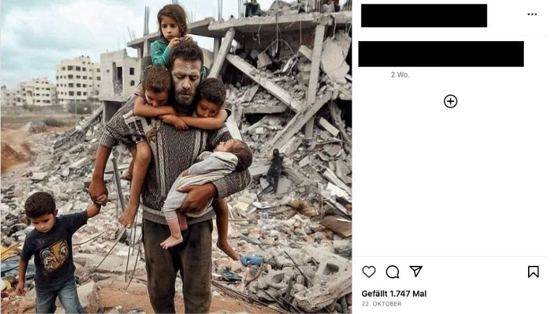 Ein KI-generiertes Bild eines Vaters mit seinen Kindern vor zerstörten Häusern