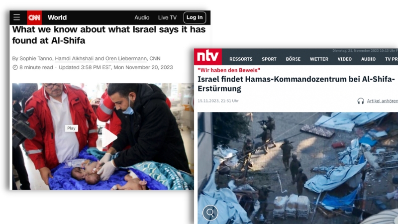 Meldung von CNN neben Meldung von ntv. CNN schreibt: "Was wir darüber wissen, was Israel in Al-Shifa gefunden haben will". ntv schreibt: "Israel findet Hamas-Kommandozentrum bei Al-Shifa-Erstürmung" 