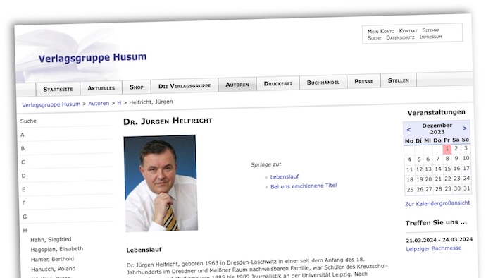 Autorenseite von Jürgen Helfricht beim Verlag Husum.