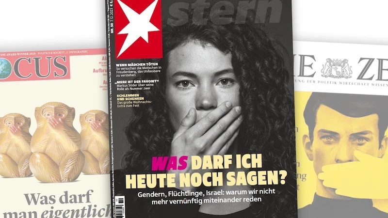 Titelseiten von "Focus", "Stern" und "Die zeit" mit Menschen oder Affen, die sich den Mund zuhalten.