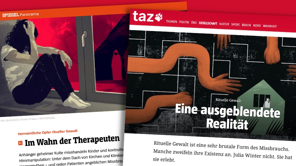 Screenshot des Artikels im "Spiegel": "Im Wahn der Therapeuten" / Screenshot des Artikels in der "wochentaz": "Rituelle Gewalt: Eine augeblendete Realität"