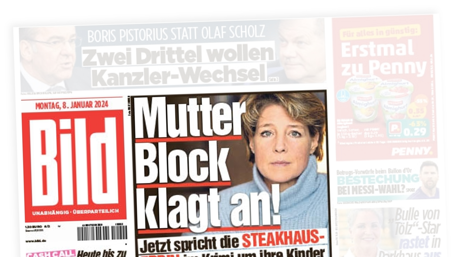 Ausriss "Bild"-Titelseite: "Mutter Block klagt an! – Jetzt spricht die Steakhaus-Erbin"