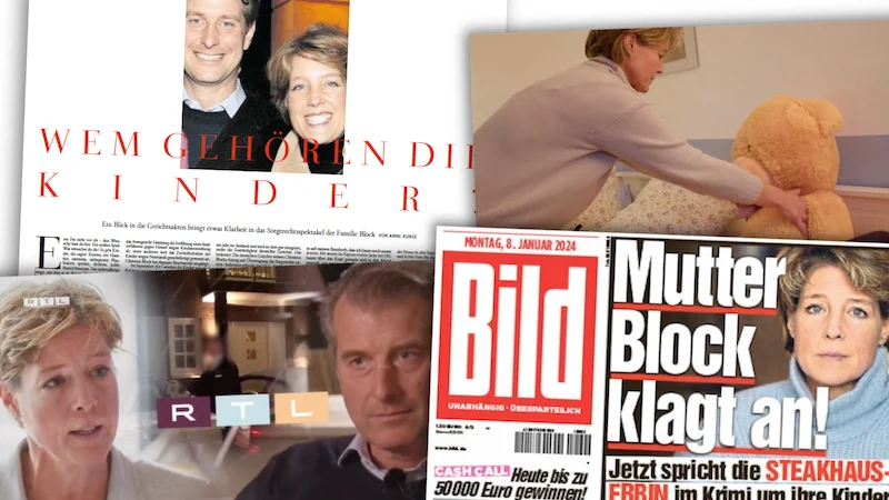 Verschiedene Schlagzeilen und Standbilder aus Videos, unter anderem eine Titelseite von "Bild": "Mutter Block klagt an!" Und ein Artikel aus der "Zeit": "Wem gehören die Kinder?"
