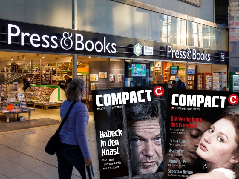 Eine Filiale des Bahnhofsbuchhandels "Press & Books", im Vordergrund zwei Titelseiten des Magazin "Compact"