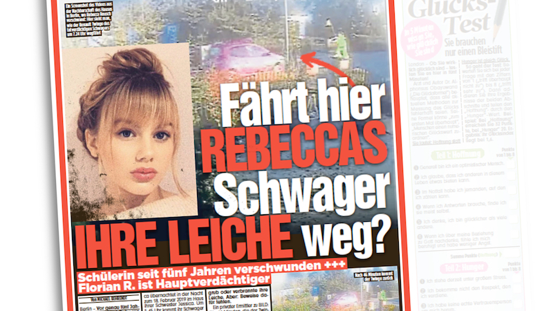 Ausriss aus der "Bild"-Zeitung vom 19. Februar mit einem Foto von Rebecca Reusch und der Überschrift: "Fährt hier REBECCAS Schwager IHRE LEICHE weg?"