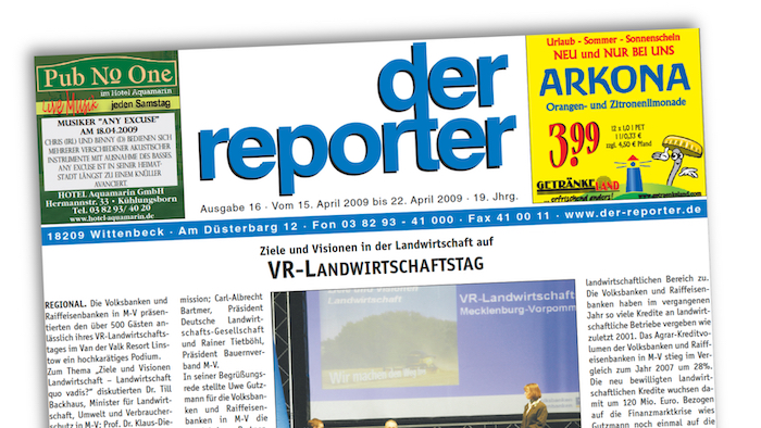Titelseite des Wochenblatts "der reporter" mit blauem Titelkopf.