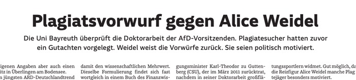 Plagiatsvorwurf gegen Alice Weidel Die Uni Bayreuth überprüft die Doktorarbeit der AfD-Vorsitzenden. Plagiatesucher hatten zuvor ein Gutachten vorgelegt. Weidel weist die Vorwürfe zurück. Sie seien politisch motiviert