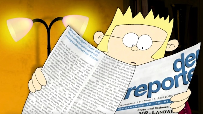 Screenshot einer Szene der Serie "Super-Kalli" im "Sandmännchen": Ein Mann liest in einer Zeitung.