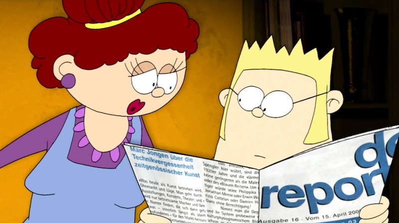 Screenshot einer Szene der Serie "Super-Kalli" im "Sandmännchen": Ein Mann und eine Frau lesen in einer Zeitung.
