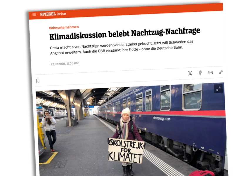 "Spiegel"-Schlagzeile über Gretas Nachzug-Reise, dazu ein Foto der Aktivistin vor ÖBB-Zug