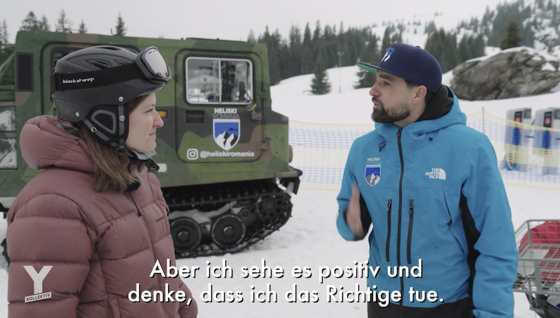 Reporterin interviewt den Manager der Ski-Heli-Firma