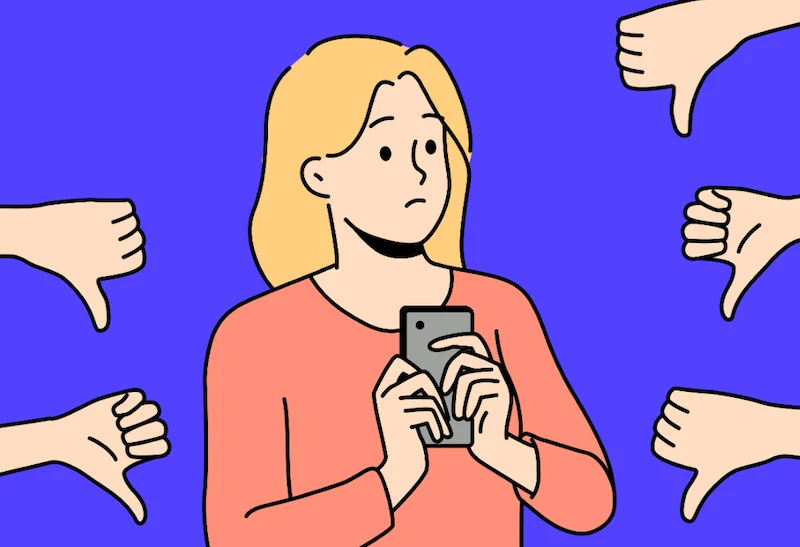 Gezeichnete Figur mit Handy in der Hand, die Mundwinkel nach unten. Ringsum Daumen, die nach unten zeigen.