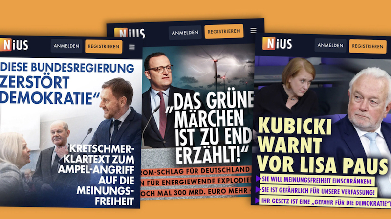 Collage aus "Nius"-Aufmachern mit Michael Kretschmer, Jens Spahn und Wolfgang Kubicki. Schlagzeile bei Kretschmer: Diese Bundesregierung zerstört Demokratie"