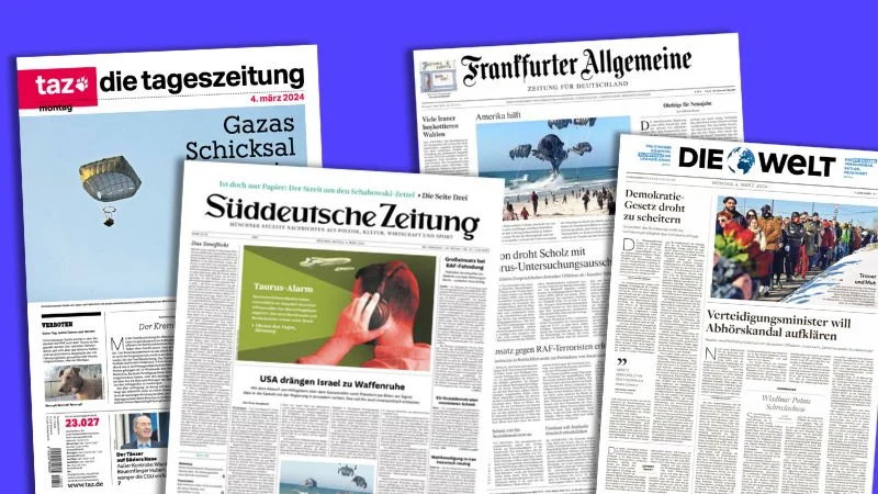 Titelseiten der taz, der SZ, der FAZ und der Welt