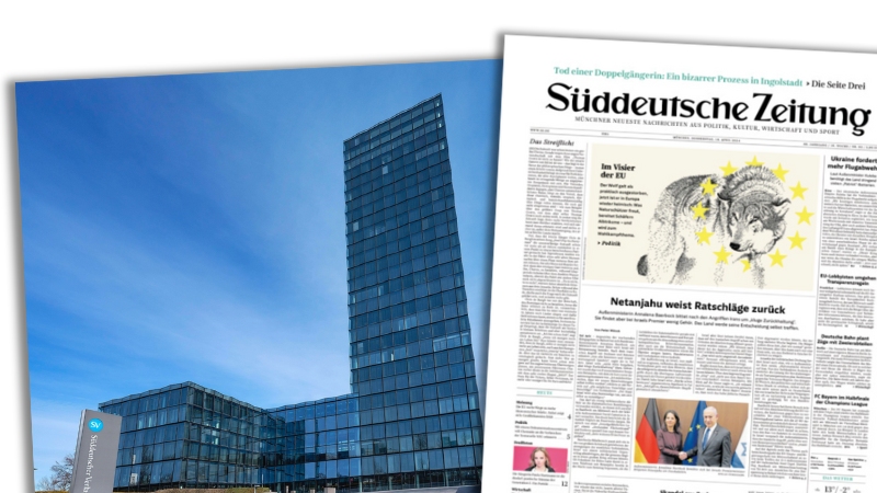 Gebäude des Süddeutschen Verlags in München, Titelseite der SZ am 18.4.24