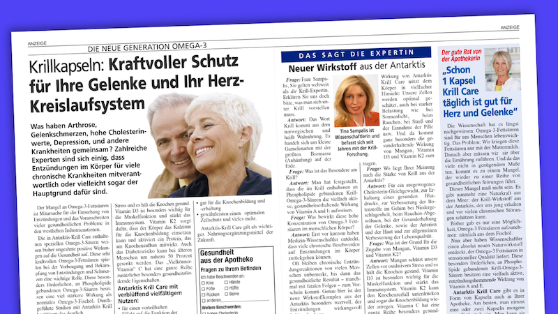 Doppelseitige Werbung für "Krillkapseln" in der Zeitschrift "Das neue Blatt".