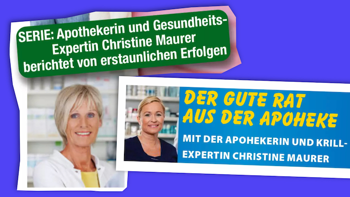 Zwei Ausrisse aus Anzeigen für Krillkapseln, in denen jeweils eine angebliche Apothekerin gezeigt wird, die "Christine Maurer" heiße. Es sind aber unterschiedliche Personen.
