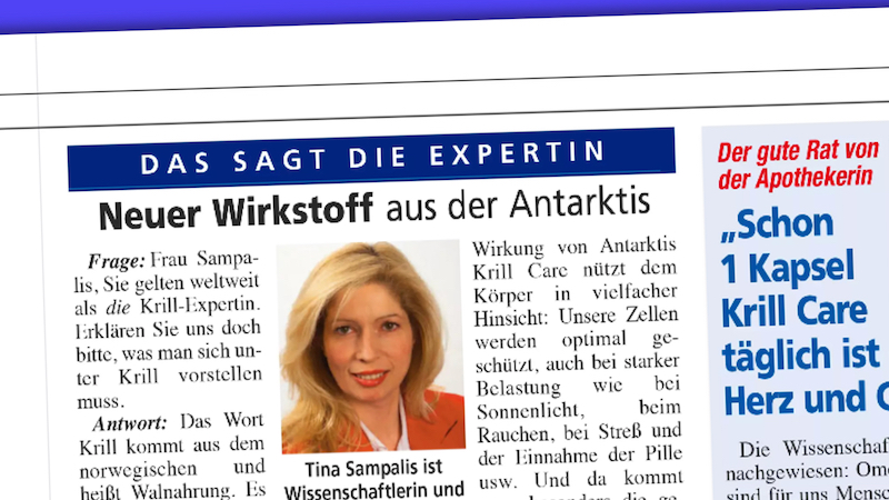 Werbung für "Krillkapseln" in der Zeitschrift "Das neue Blatt". Interviewt wird eine Medizinerin, die offenbar verstorben ist.