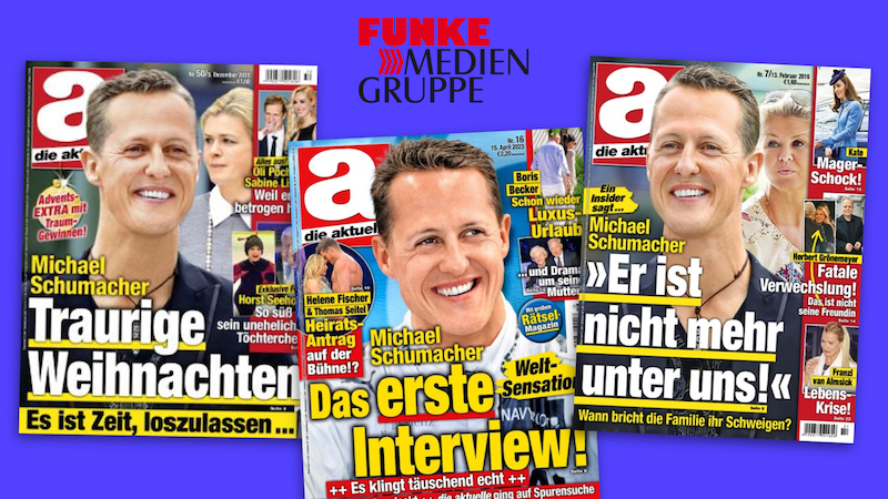 Drei Titel der Zeitschrift "Die Aktuelle" mit Michael Schumacher, auf einem steht: "Er ist nicht mehr unter uns!"