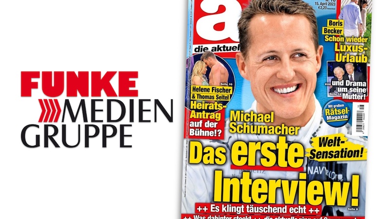 Logo der Funke Mediengruppe und Cover der zeitschrift "Die Aktuelle" vom 15.4.2023, Überschrift: Michael Schumacher: Das erste Interview!"