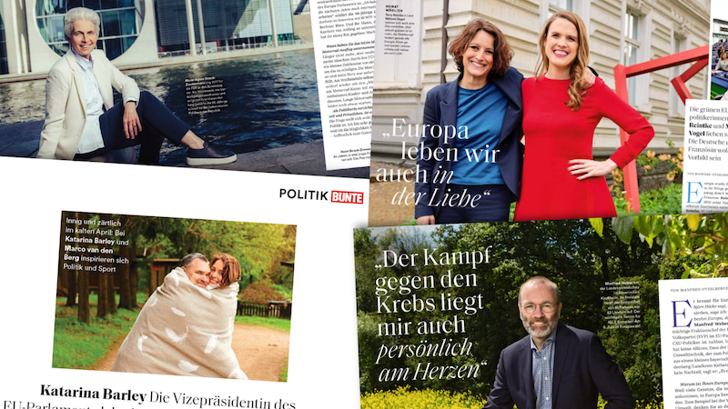 Verschiedene Ausrisse von Politiker-Interviews in "Bunte" (v.o.l.): Marie-Agnes Strack-Zimmermann, Terr Reintke, Katarina Barley, Manfred Weber