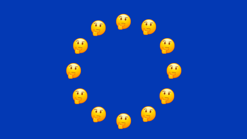 Europaflagge, bei der anstelle der Sterne zwölf zweifelnde Emojis stehen